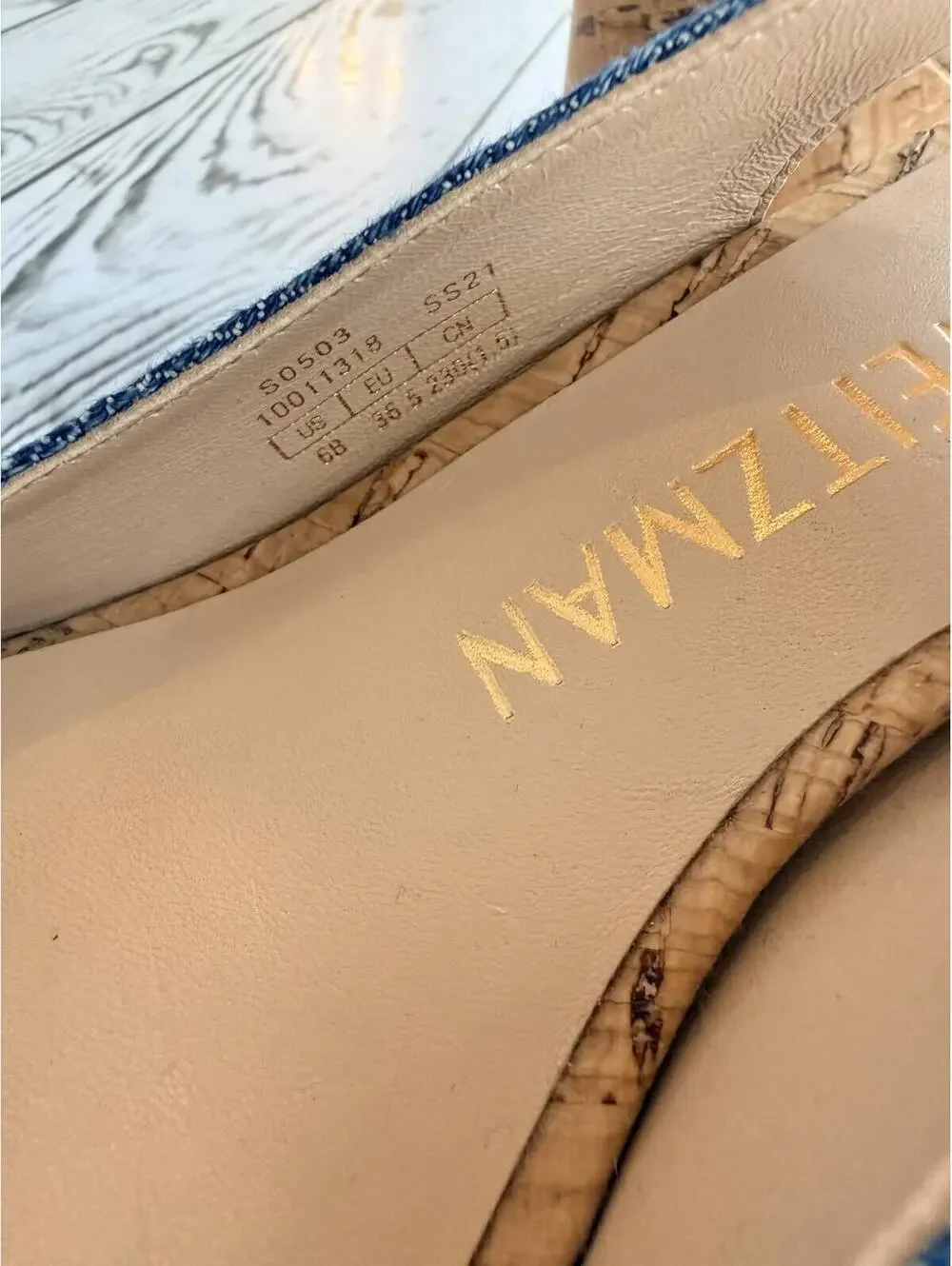 Stuart Weitzman Women's Size 6 Jean Denim Cork Wedge Peep Toe Slingback Sandals - Picture 9 of 15